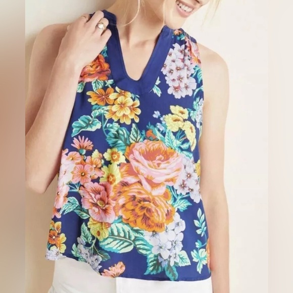 Maeve Anthropologie Melange Blue Floral Sleeveless Top Shirt Blouse SZ 2 viscose - Picture 1 of 10
